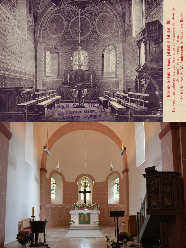 the composite image is made up of a current view of the chancel [lower half] and an earlier undated photograph of the same part of the church -- both of them show the bronze font in it, albeit in slightly different position within the chancel