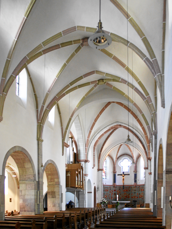 "Erkrath, Germany. Roman-catholic church Saint John the Baptist, interior towards East / Erkrath, Deutschland. Römisch-katholische Kirche St. Johannes der Täufer, Inneres nach Ost."