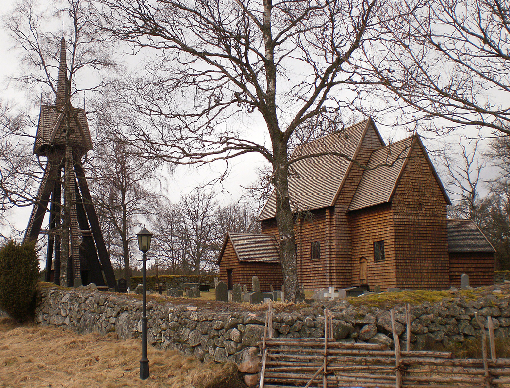 "Granhults kyrka i vårvintertid" -- showing the detached bell tower