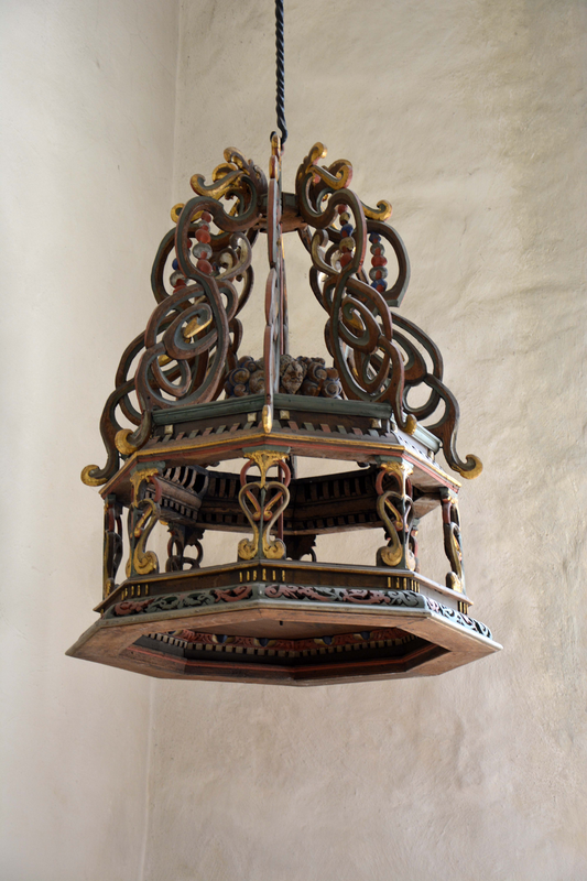 "Ramdala kyrka. Baldakin till dopfunten snidad och förgylld under 1600-talet / Ramdala Church.Canopy to the baptismal font carved and gilded in the 1600's."