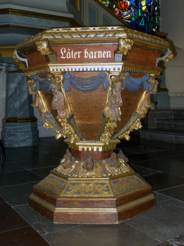 "Varberg Church, Halland, Sweden. Baptismal font, 17th century / Varbergs kyrka, Halland, Sverige. Dopfunt, 1600-talet."