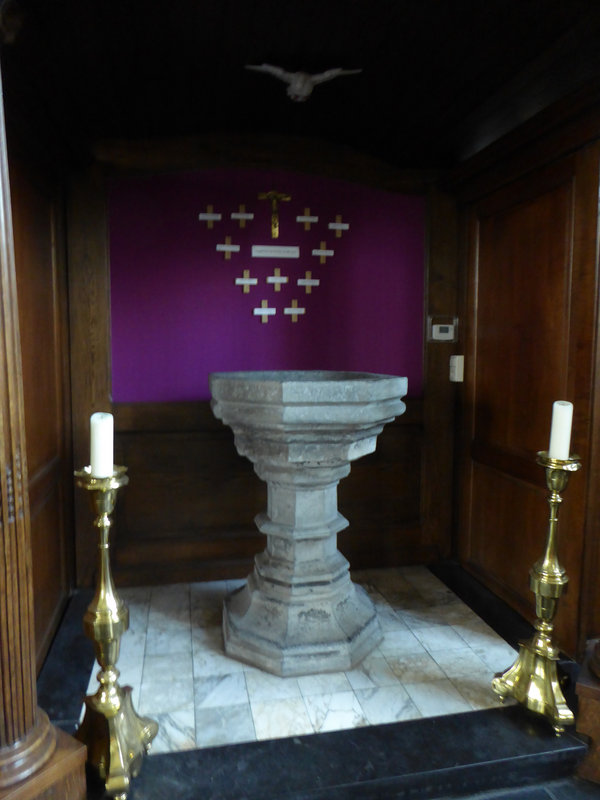 "Baptismal fonts in Church of Saint Amand in Bellegem. Bellegem, Kortrijk, West Flanders, Belgium"