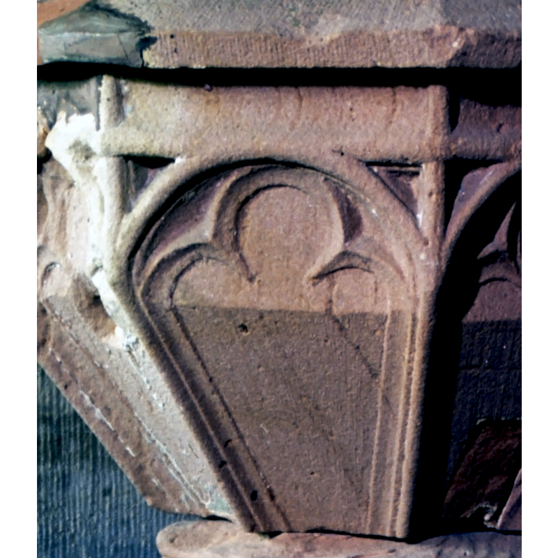 horizontal and vertical framing the sides of the basin -- notice the repair work on the stone