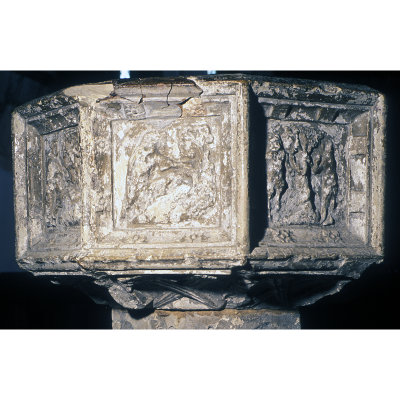 all of them broken off, but their crossing wings can still be discerned on the panels of the chamfered underbowl -- notice also the repair to the top of the centre panel in this image, and the rosettes on the right panel, which shows Adam and Eve interacting with the serpent that coils around the Tree of Knowledge