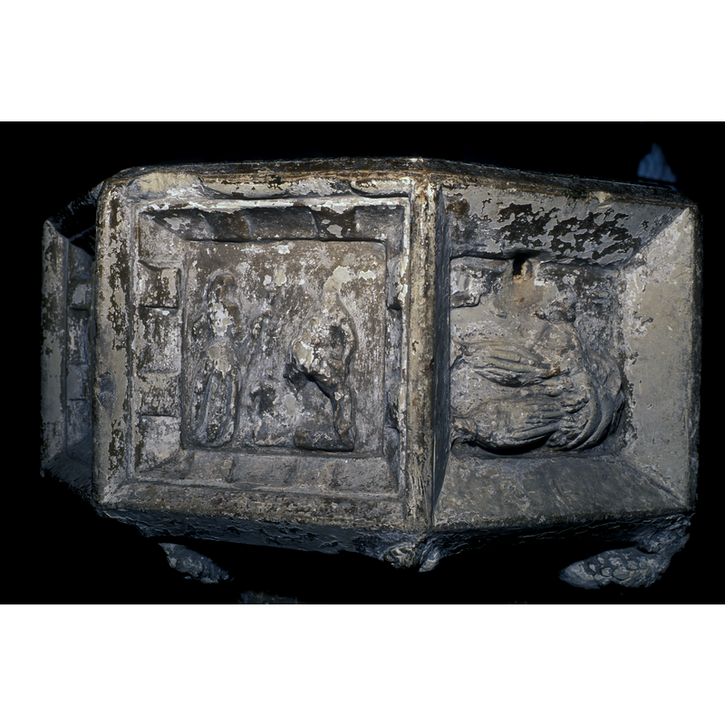 on the right panel here: Flames of fire are seen coming from the Hell mouth [NB: this was interpreted by the local vicar as the two figures of Adam and Eve]