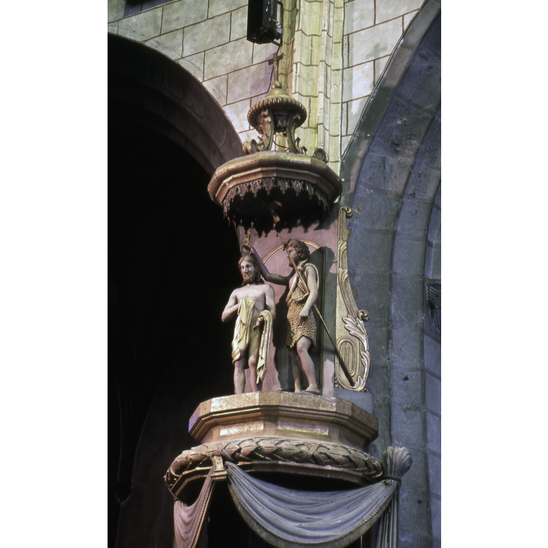 Baptism of Christ by John, finial of the elaborate late-17thC (?) canopy over the font