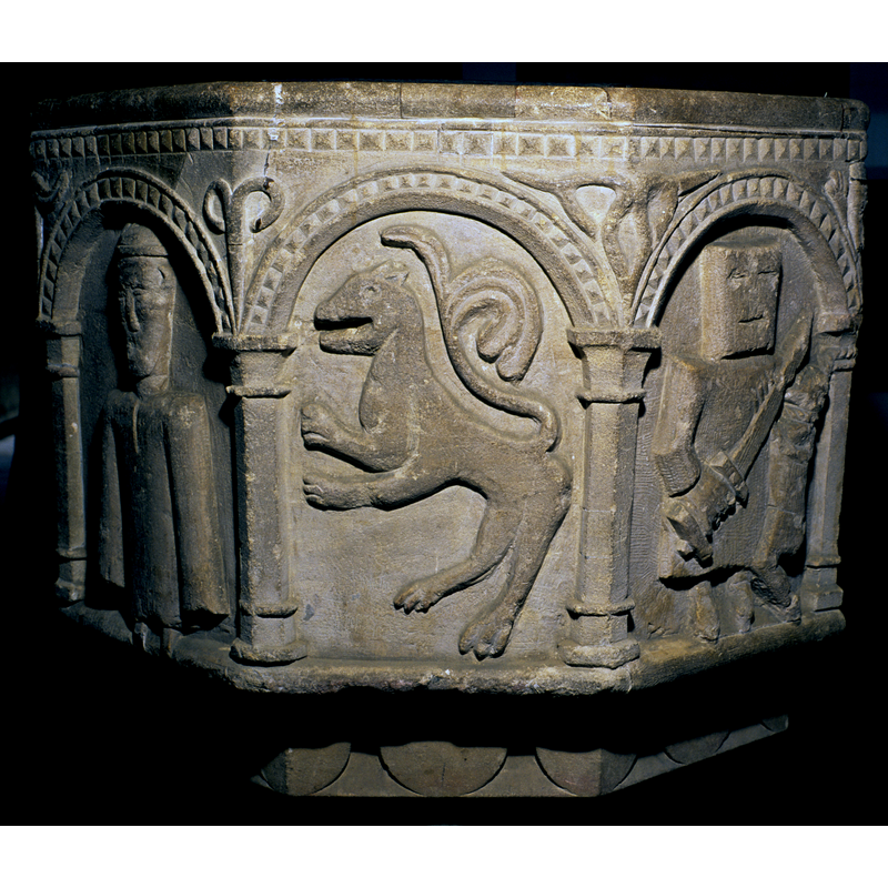 facing the caped figure on the left; on the right is the armed warrior