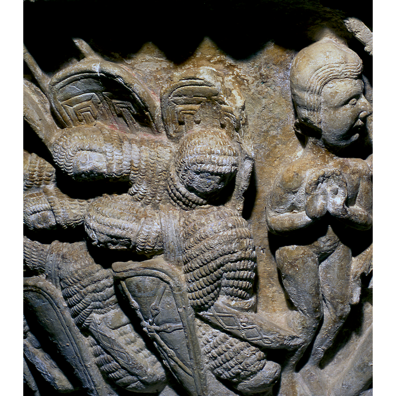 the second set of sleeping soldiers, part of the Three Marys at the tomb scene; these are located to the left of Christ and the rescued soul, the last two part of the Harrowing scene