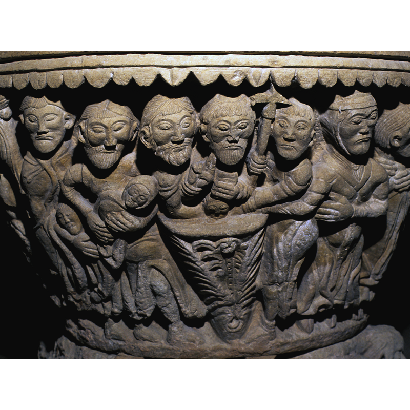 Baptism of children; six adults, five male, one female, and three children appear in this scene; one of the infants is partly inmersed inside the font; the officiating priest holds a book, clearly identified here by the strap on the cover, in his right hand, while the right hand is raised in benediction; the head of the infant is just visible inside the font; the figure on the left has his right arm under the priest's own arm and holds the infant in the water; the two figures to the right of the priest, including the woman at the far right, also appear to have their arms holding the infant in the font