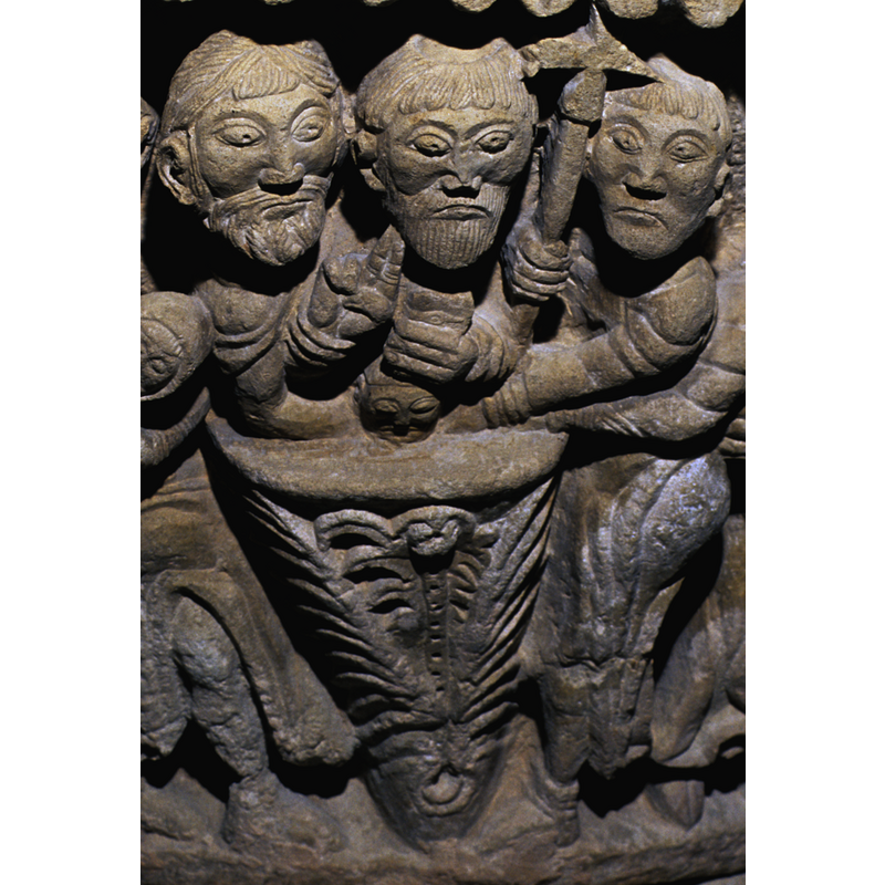 the three adults are male, two of them bearded; probably clerics all three of them