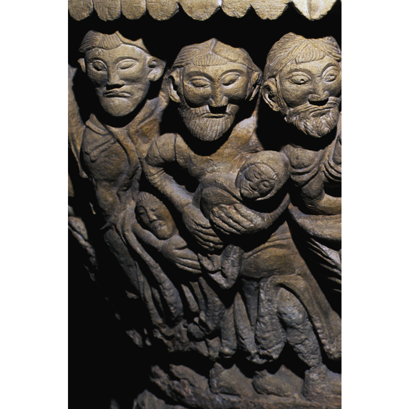 to the left of the central baptism scene are other figures holding children, probably waiting their turn in a multiple baptism ceremony; the bearded male in the centre here holds a hooded infant whit his head pointed towards the font; the male figure on the left has his right arm around a child semi-hidden at the bottom left of the image