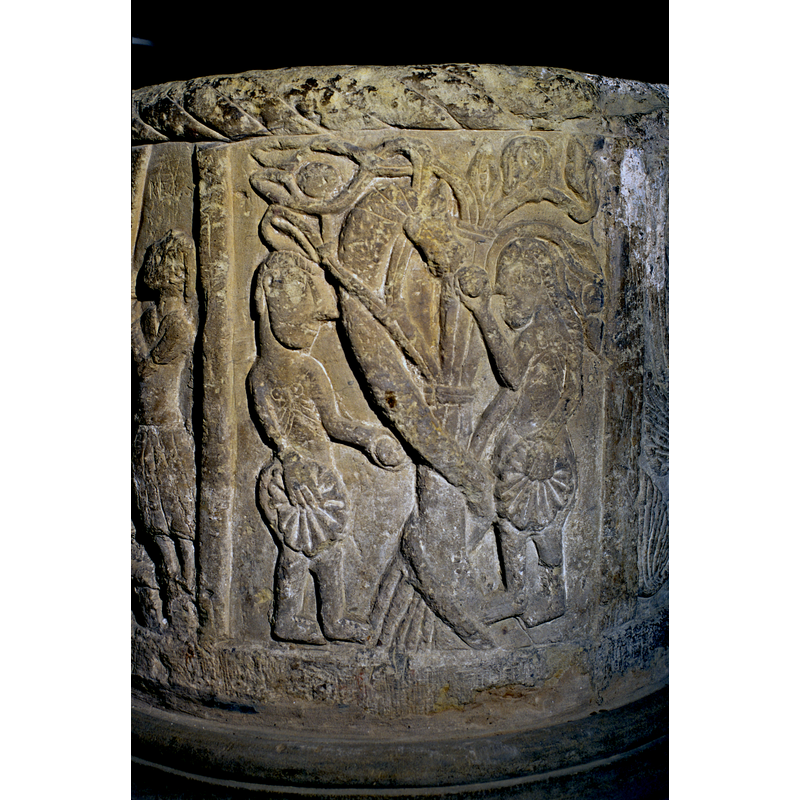 Adam and Eve Tasting the forbidden fruit. The Tree of Knowledge with the serpent stands between them. In the centre the Tree of Knowledge, with a serpent wrapped around it. To the right Eve naked, except for the fig leave with her left hand and takes the apple with her right hand from the serpent. On the left is Adam. Right hand holds a fig leaf and left hand holds an apple.