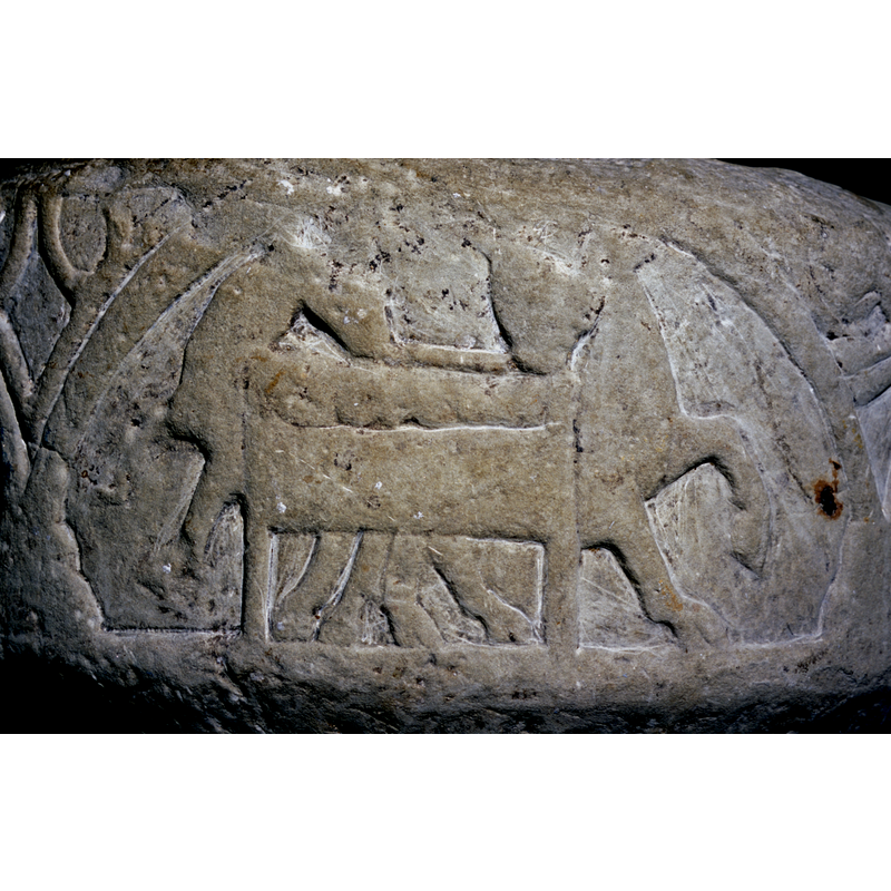 Takes place in two arches. The first shows Mary and Joseph; the second depicts the infant in the manger with the ox and ass.