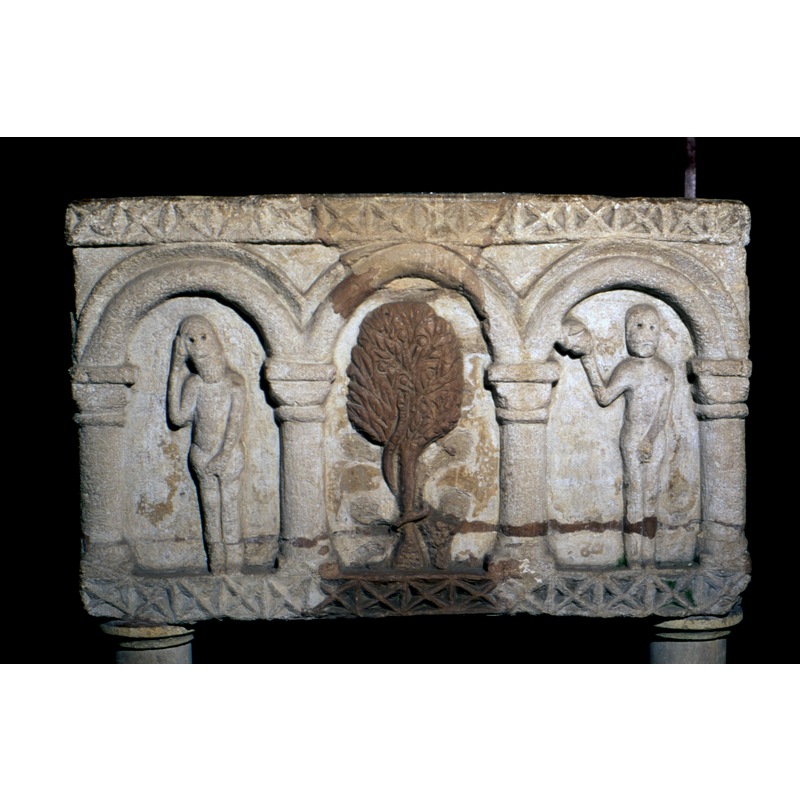 North side: three arches show Adam and Eve with tree of knowledge.