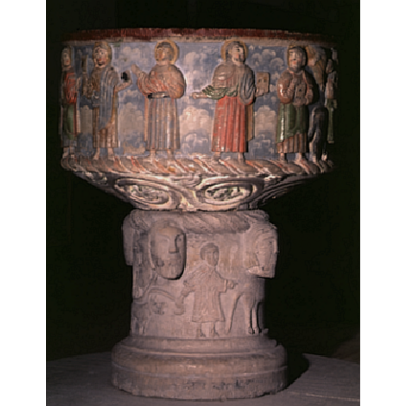 The twelve apostles stand, frontal around the basin sides; only Peter shows his symbol, a large key, as well as a book; one other holds a board or scroll; one other holds a book. All are haloed and are making speaking gestures. Some of them have their faces in profile addressing each other, other look directly at the viewer - related to some sermon? The first inscription, is over the first apostle to right of Joseph - it says "SIMO". The next inscription appears to identigy Jude"; the next has "SIA", perhaps for Iacobus/James;; then "SOA"; then, perhaps, "EN?PAV" for Paul?; then "US?"; then, "DEV"? some figures have no isncription above them