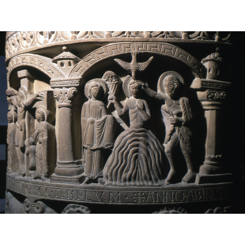 Christ in river Jordan; John the Baptist pouring water on christ's head; the Holy Ghost descends