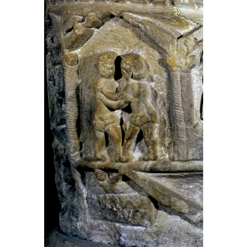 Could this be a sodomy scene instead? -- this scene is framed in a curious manner: the arch-head appears to be formed by thwo angels (?), the supporting columns have torsade decoration, while most of the other supports are plain or non existant, and one of the 'capitals', the one on the left, appears to be a human face