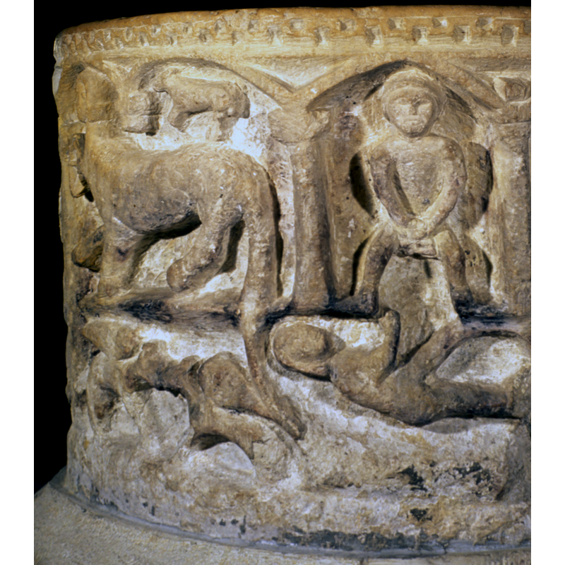 a naked woman lies on the ground, her legs wide open and her arms towards her mate above; the man, also naked, stands abover her, his legs open and slightly flexed and his hands on his genitals.  [could this scene represent a resurrection? Harrowing of Hell? -- see also López' interpretation]