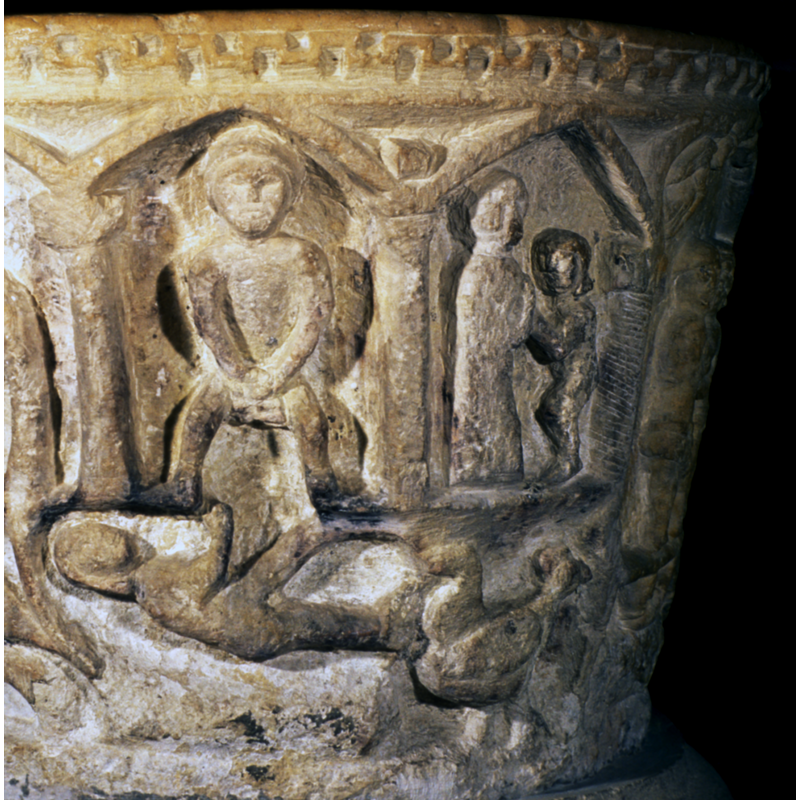 they stand facing each other; the figure on the left is taller and is fully dressed in long garments; the figure on the right is smaller and appears to be nude