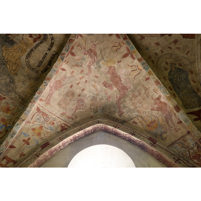several devils engaged in different tasks occupy this section of the painted ceiling