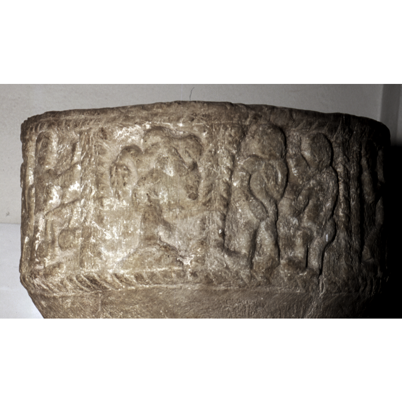 a tree between two doble columns with torsade pattern; to the right are two figures covering their pudenda -- the two panels probably make up a Temptation and Fall scene