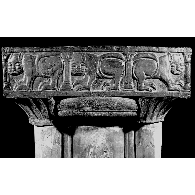 From the left: two lions facing left, another lion facing right