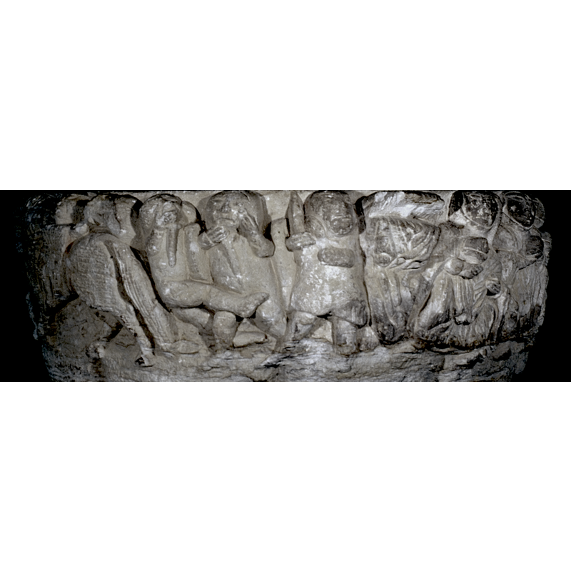 the warrior in the centre appears to be tripping the one on the left; the one on the right appears to be addressing his attention towards Christ sepulchre and the three Marys scene on the right