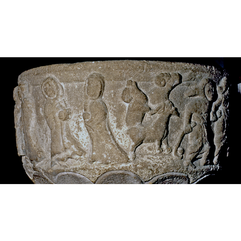 showing three of the scenes (L->R): at the extreme left is the Annunciation; at the centre left is the Visitation; cerntre right and right is the Annunciation to the Shepherds, a very merry scene, with a ram bucking and a shepherd displaying his hockey gear