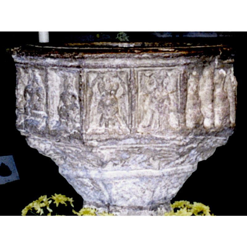 two on each of six sides of the basin; very eroded -- the extreme right side is not divided and has an unidentified motif that occupies the whole side