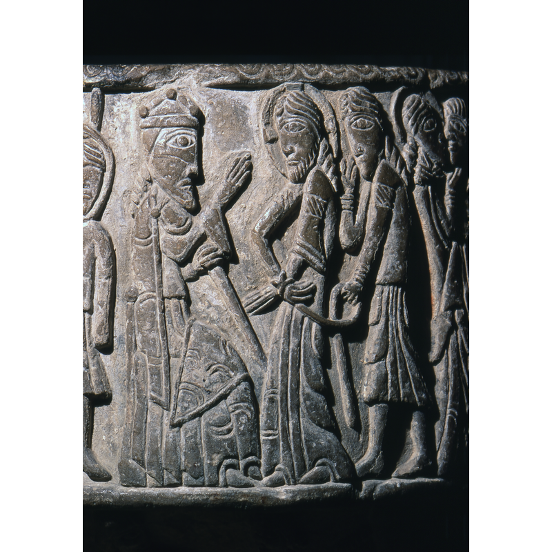 Christ before prefect Pontius Pilate: Pilate, on the left facing right, enthroned, crowned, the hand raised towards Christ's face, the left holding down what appears to be a sword; to the right is Christ, facing left, in profile, cross-haloed, the rope that ties his hands is being held by a figure behind Christ.