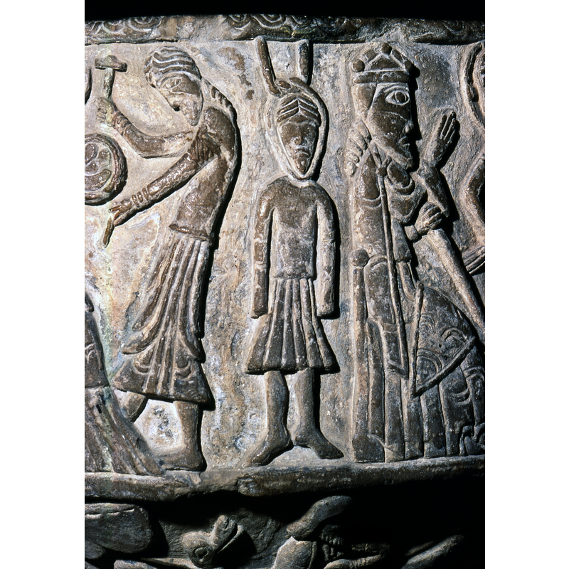 Judas hanging; single-figure scene located between the Crucifixion (left) and the Pontius Pilate scene [right]