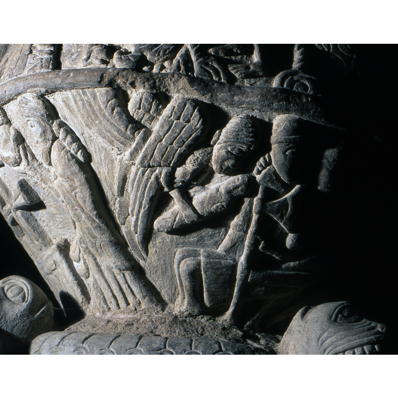 right of the Etimasia -- an angel holding a swaddled baby descends to the right where a seated figure faces right holding a large ax