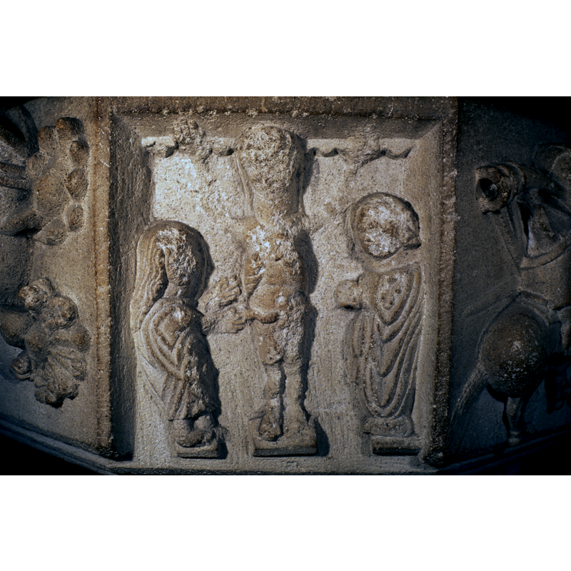 on the east side of the basin -- much defaced: all faces have been eradicated, and parts of the body of Christ have been damaged as well