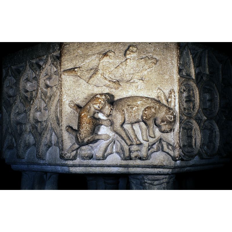 hare or rabbit; possibly another animal above them, now obliterated; on the southwest side of the basin