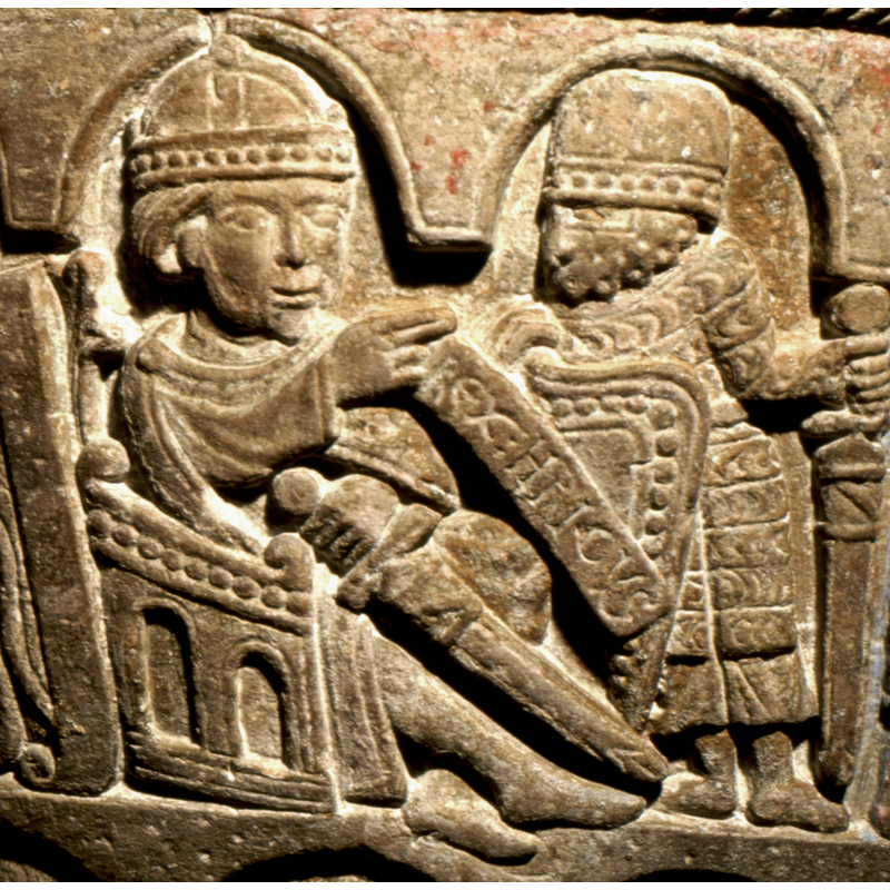 a scroll identifies king Henry II as he orders Beckett's execution to one of his soldiers
