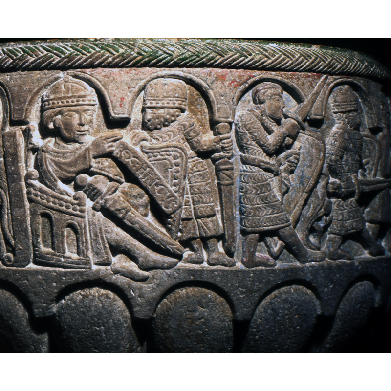 on the left the Baptism of Christ scene is partially visible -- on the right Henry's soldiers proceed to carry out his orders to execute Beckett