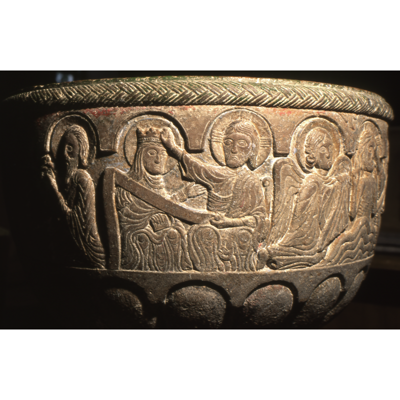 Christ Crowning the Virgin in Heaven; she holds a blank scroll which may have had a painted inscription originally -- to the left is the third figure from the Majestas Domini scene -- to the right a partial view of the Baptism of Christ in the Jordan