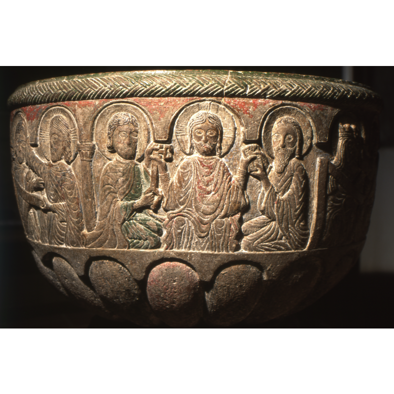 Christ in Majesty. Peter on the left and Paul(?) on the right; Christ and Peter hold the key together; Christ and the other figure hold a inscribed tablet together