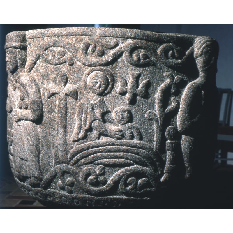 Two trees frame the image, on both sides, a body of water on the bottom, (four curved lines). The figure on the left wears a short cape, haloed, holds in the water, with both hands a small figure (looks like a child). Small figure with no halo. Above the 'child' is a dove.