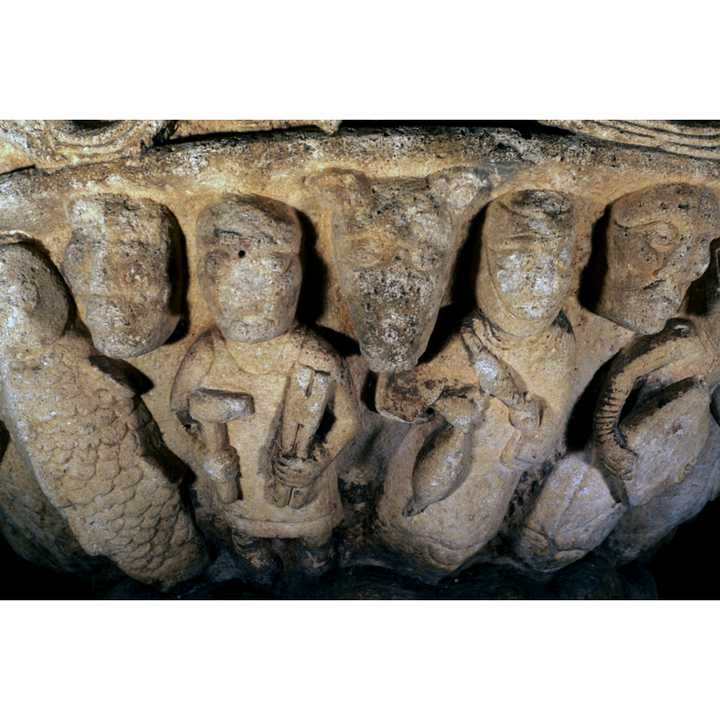 Adam holds carpentry tools and Eve holds a spindle