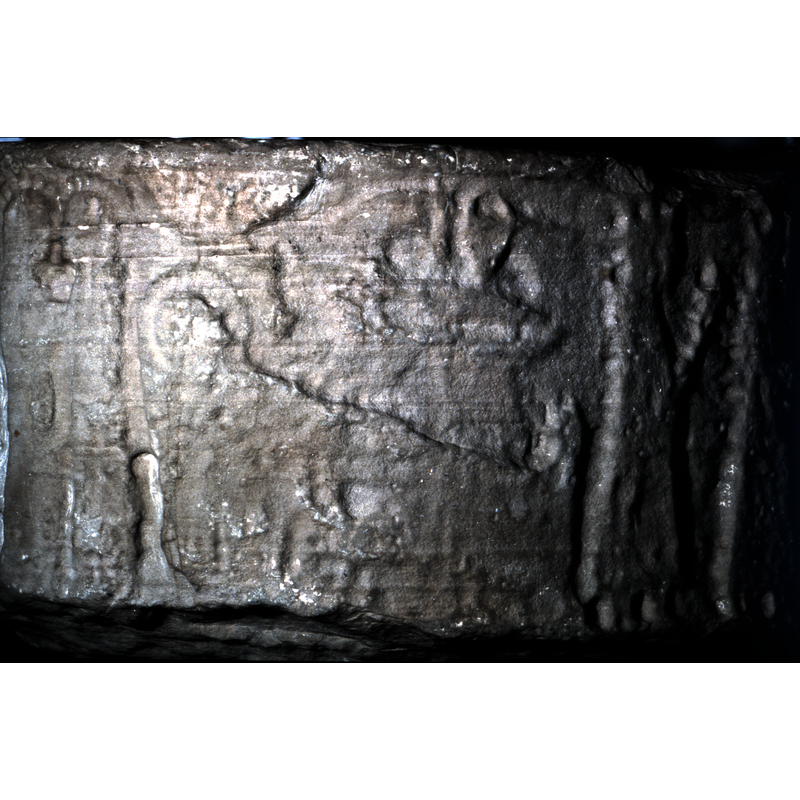 Nativity scene without Joseph; a large bed with head and foot boards; Mary lies at a slight diagonal, haloed, arms on abdomen; right above Mary's head floats a censing angel; to the right, above the lower half of the bed, is the Child in the manger, above which two animal heads, ox and ass