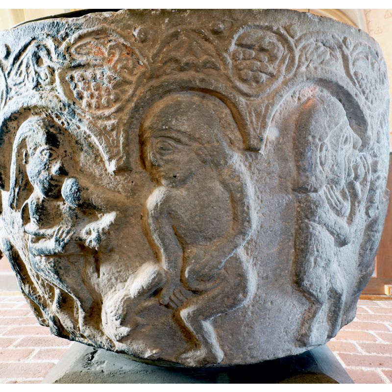 Labours of Adam and Eve after the Fall? -- at the extremen right Adam eats the apple, part of the Fall of Man scene