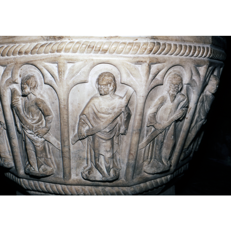 haloed and holding scrolls