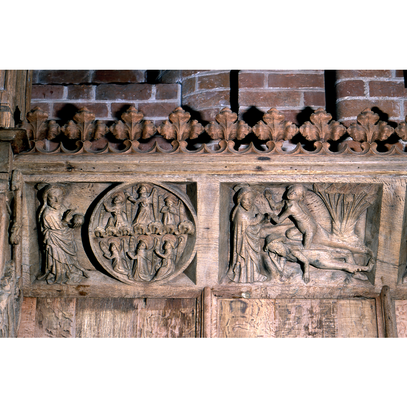 on the left, God creates the world; on the right, God creates Eve from Adam's body