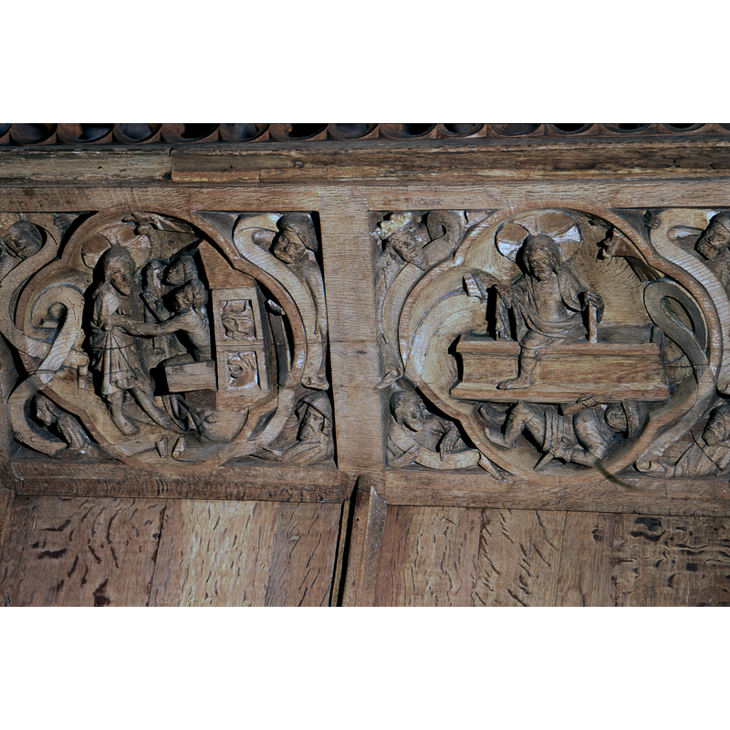 on the left, the Harrowing of Hell, with the devils inside seen through the windows; on the right, Christ rises from the tomb