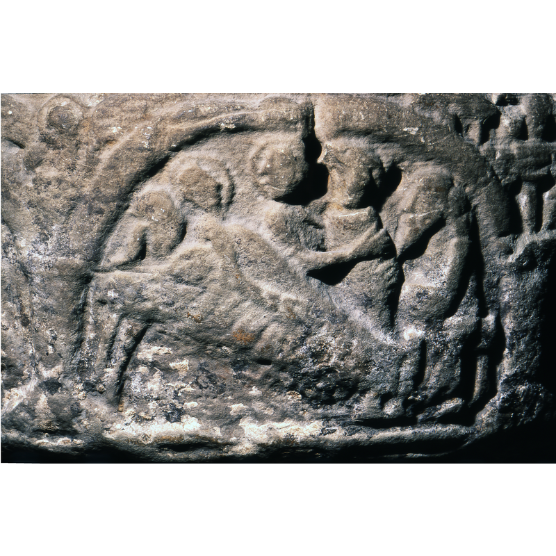 The Virgin lies diagonally with head to the left of the composition. A servant holds the child showing it to the world just behind the bed of the virgin. To the far right sits Joseph resting his head in his one hand. He is bearded but no hat or halo.