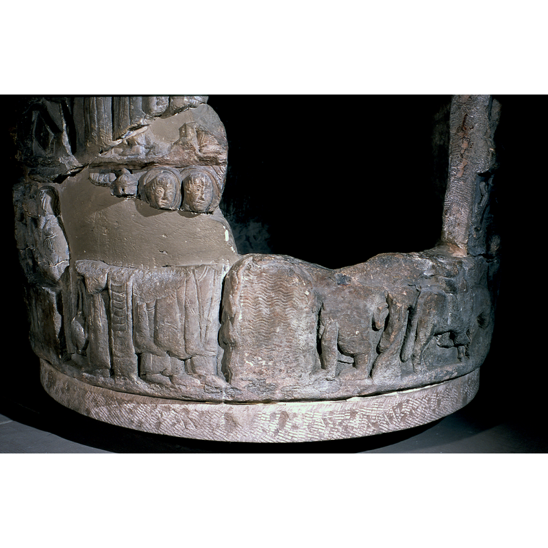 showing the heads and lower bodies of the attendants, the water of the Jordan and, presumably, the lower body of John the Baptist to the right