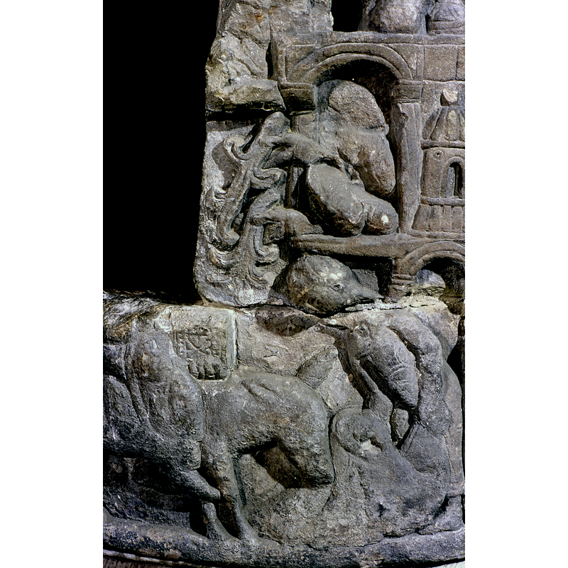 showing a partial view of Christ on the ass and a reclining figure on the right -