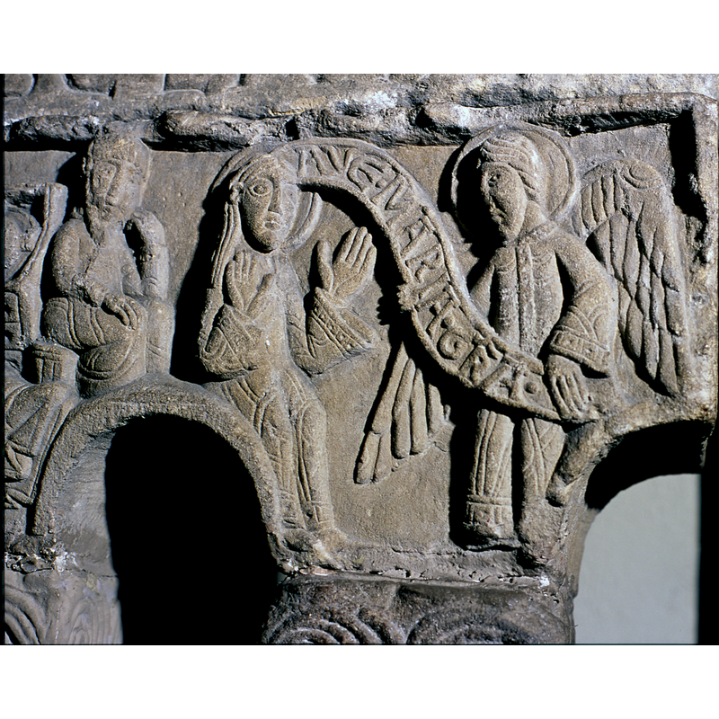 capital showing the Annunciation scene [the figure on the left belongs to the Nativity scene on the same capital]