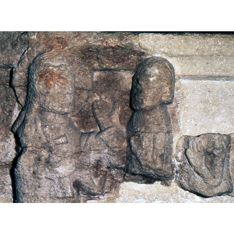 partial view here: Christ on the left, wearing a cruciferous halo and carrying a cross in his right hand, while he pulls Adam with his left; Eve's arm in the fragment behind Adam